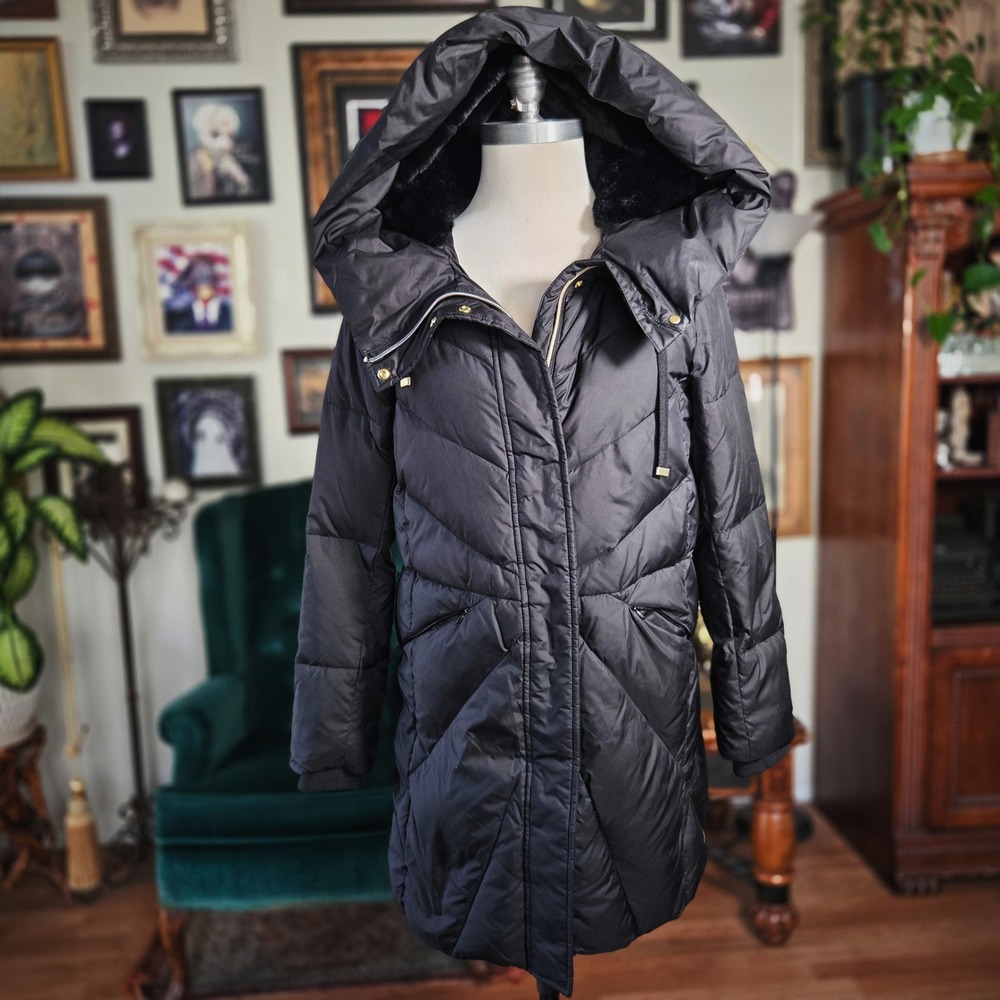 Puffer Jacket Cole Haan Black Hooded Chevron Quilted‎ Winter Parka Coat Womens M